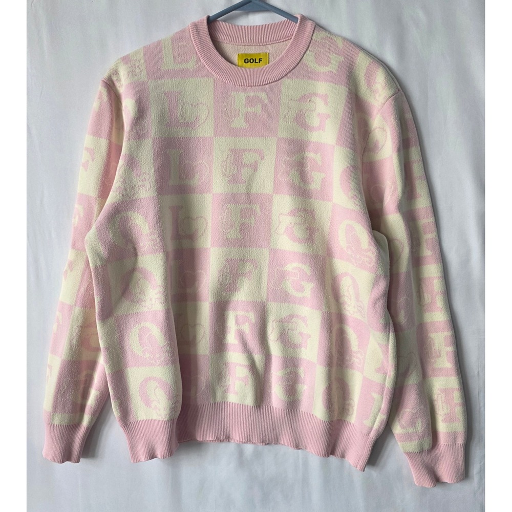 Golf Wang Pink Cream Checkerboard Logo Knit Crewneck Sweater Medium Streetwear